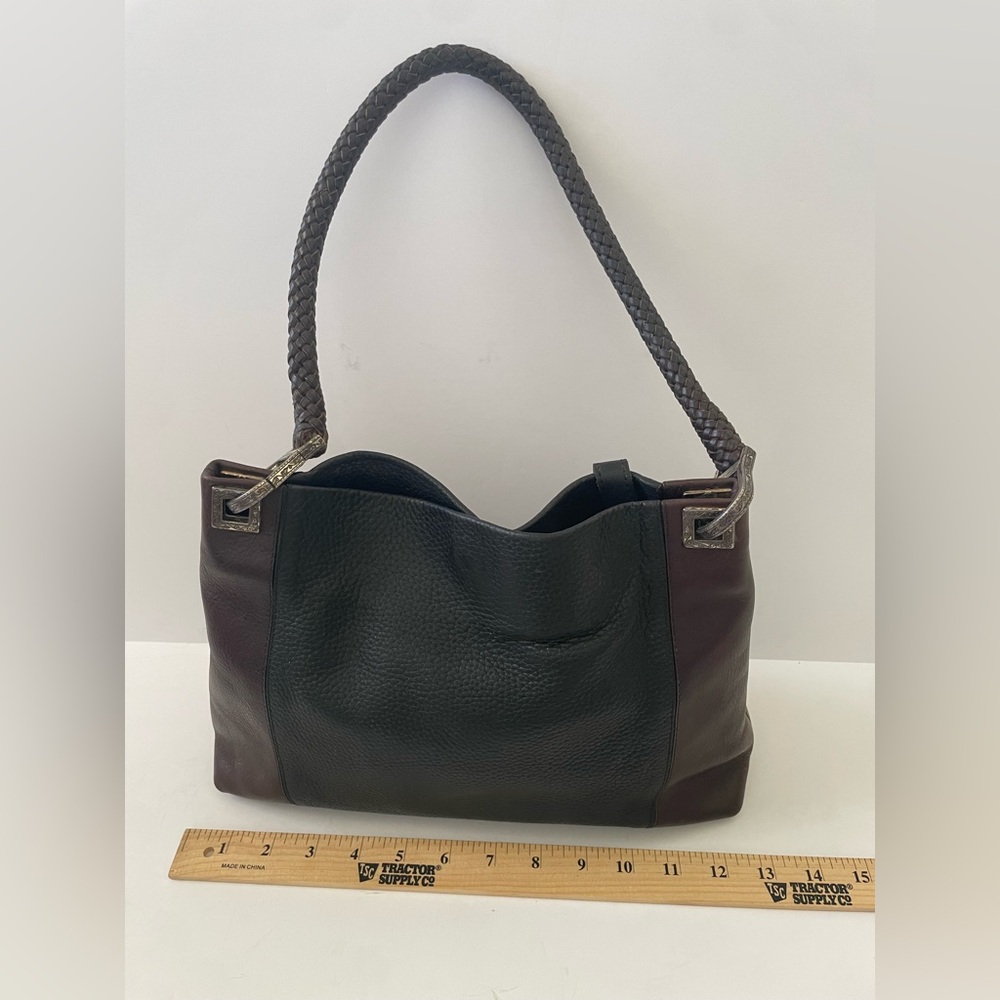 Brighton Two-Tone Black Brown Leather Shoulder Purse Handbag Tote Woven Handles - Picture 4 of 8